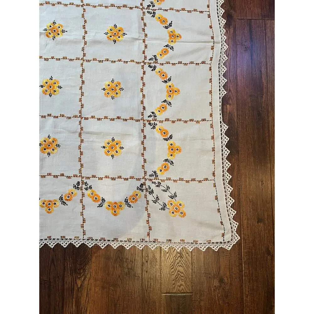 Vintage Embroidered Tablecloth Autumnal Orange Yellow Floral Crochet Lace Border